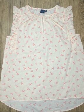 Kaari Blue Cream Short Sleeve Top with Pink Bird Print and Ruffle Trim